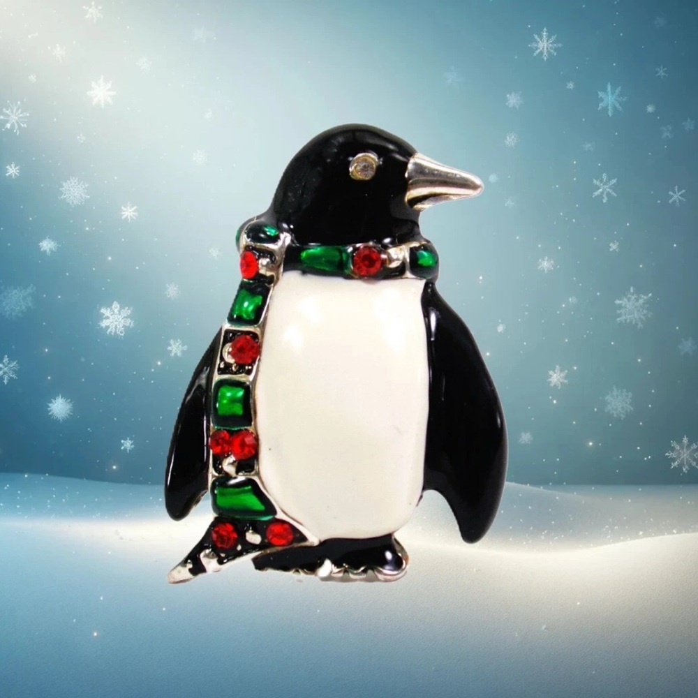 Penguin Brooch Pin in Black and White Enamel With Red Green Crystal Scarf NEW